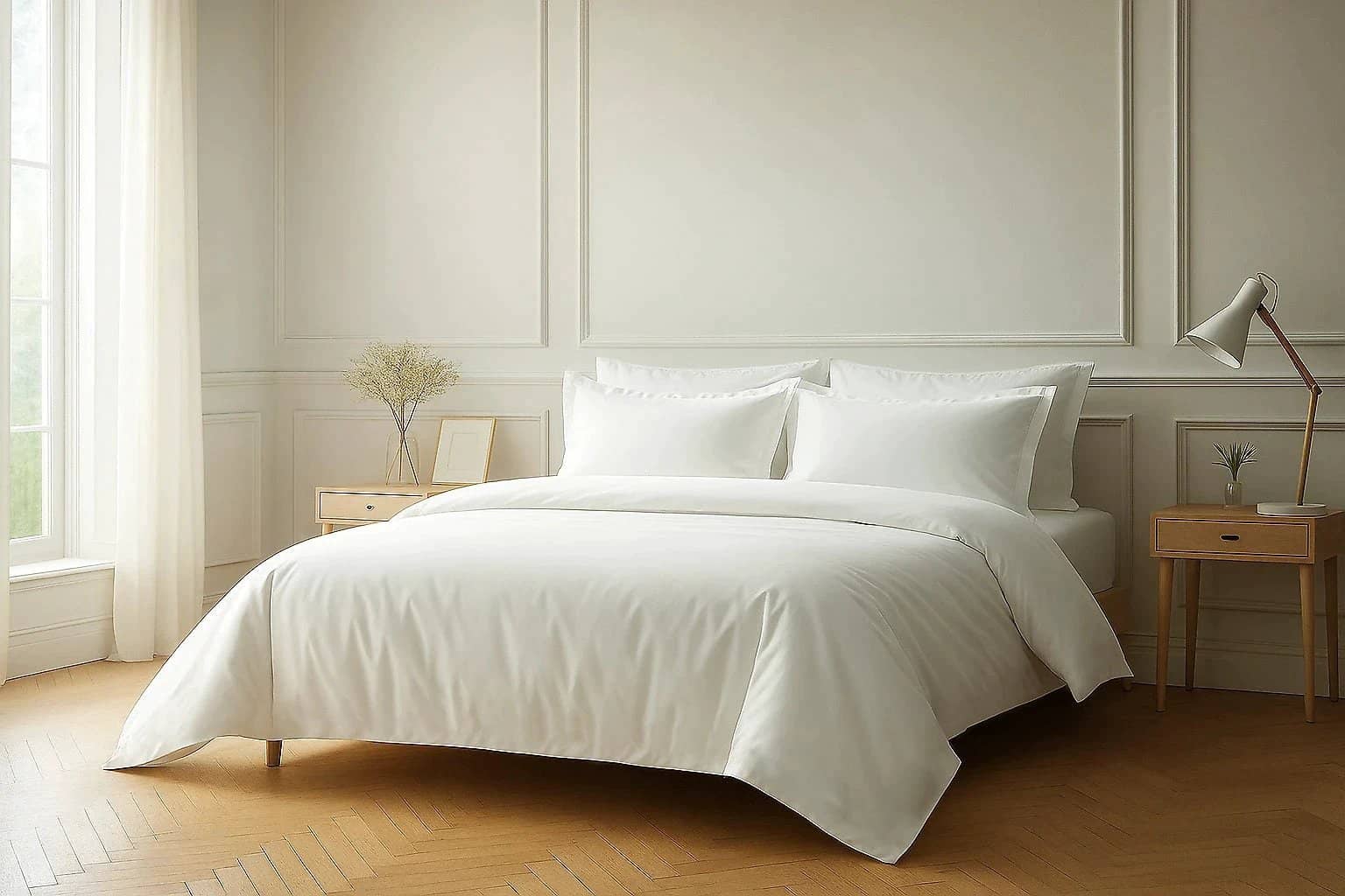 Lit élégant avec linge de lit haut de gamme blanc dans une chambre lumineuse et minimaliste