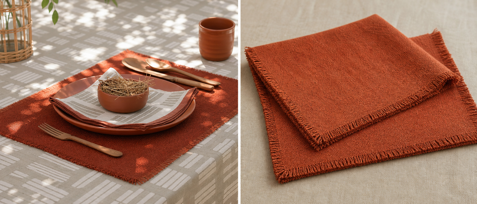 Set de table coton noir avec rayures blanches sur une table dressée avec assiettes et couverts