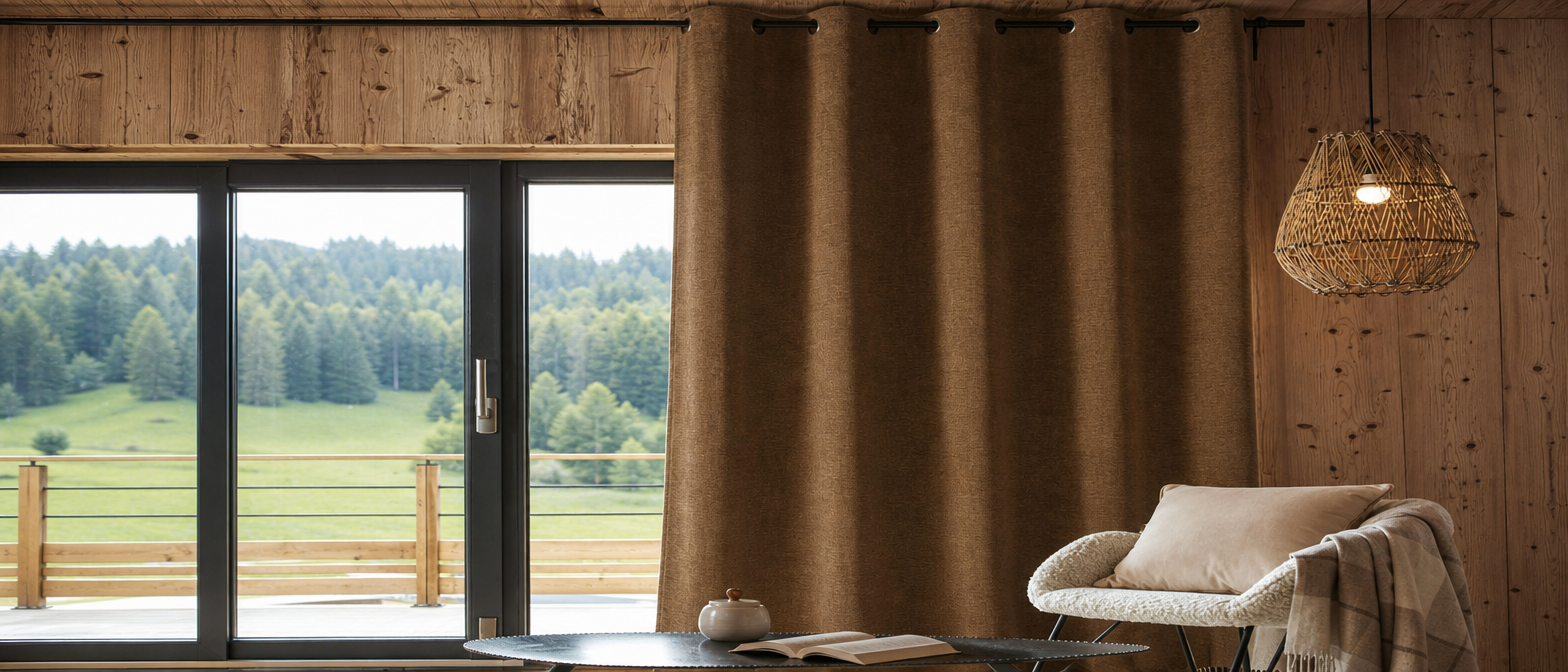 Rideau polyester moderne marron suspendu devant une grande fenêtre dans un salon cosy contemporain