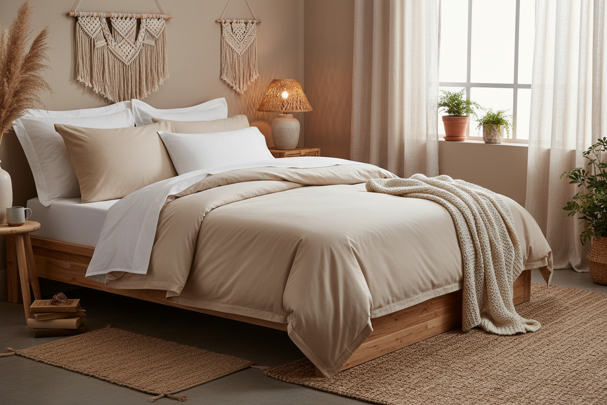 Chambre élégante avec un lit en bois habillé de linge de lit en percale de coton beige et accessoires décoratifs