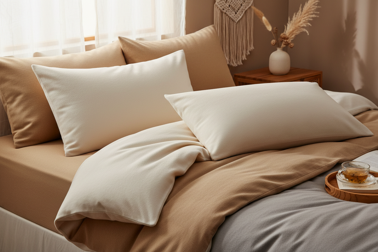 Chambre décorée avec linge de lit flanelle blanc doux et banc en bois devant le lit