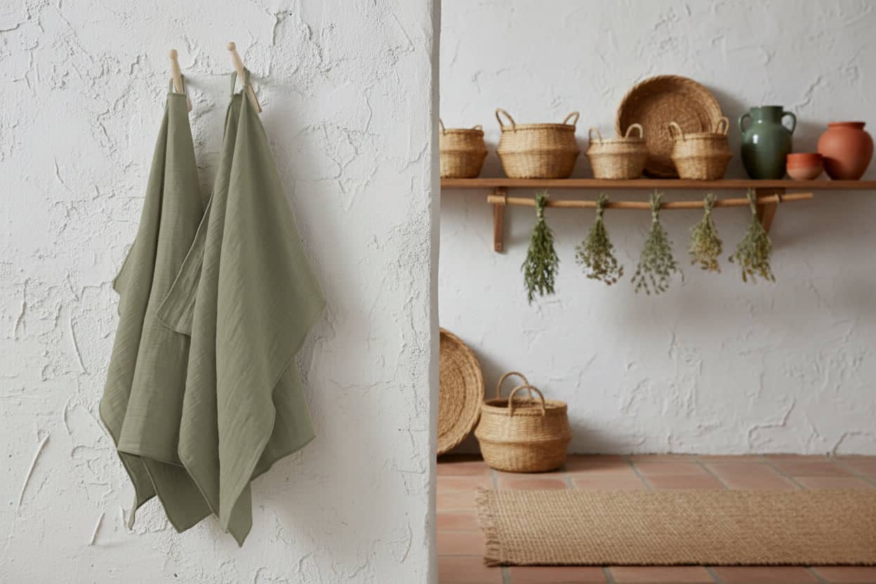 Torchons gaze de coton verts suspendus dans une cuisine au décor naturel avec paniers tressés et herbes séchées