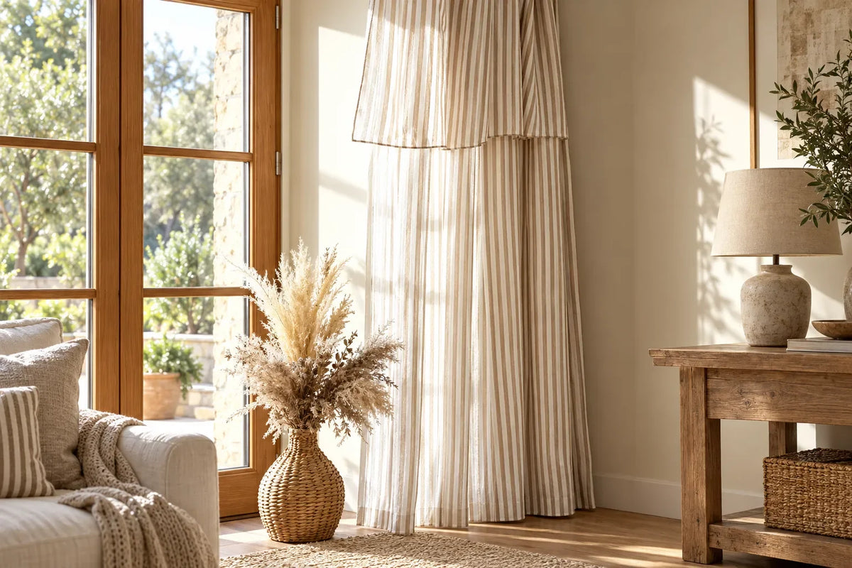 Rideaux beige à rayures translucides dans un salon lumineux, près d’une porte-fenêtre en bois avec un vase de pampas et un