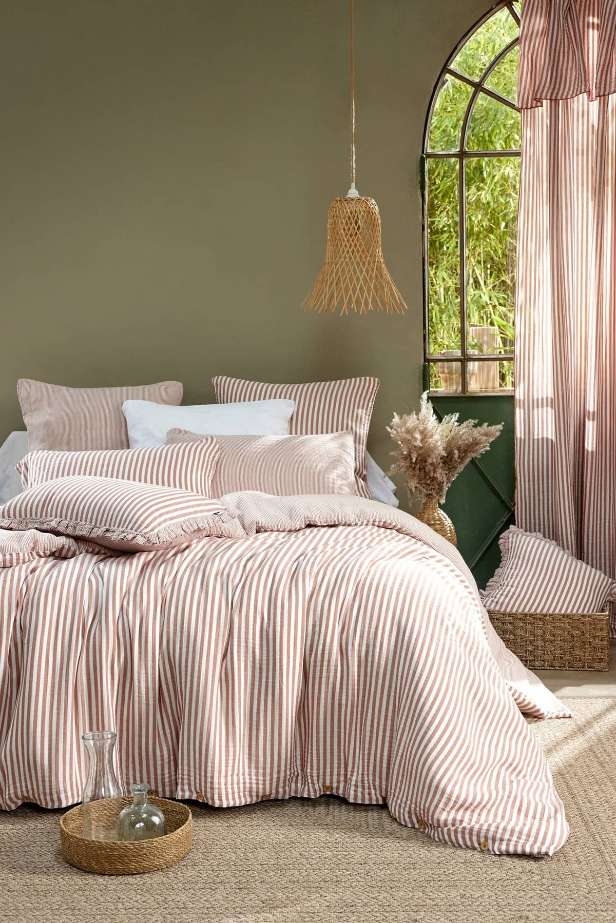 Housse de couette Abricot moyennes rayures double gaze Casa Plume