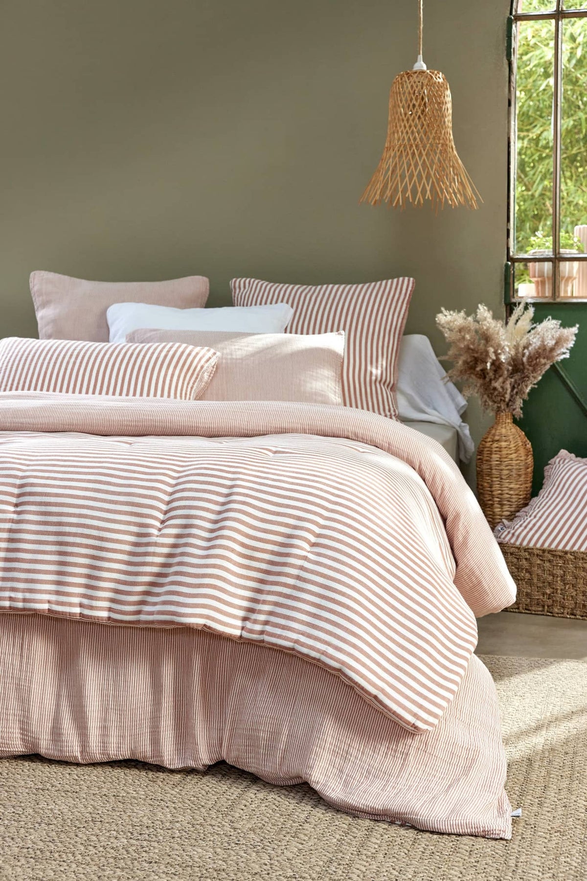 Housse de couette Abricot petites rayures double gaze Casa Plume