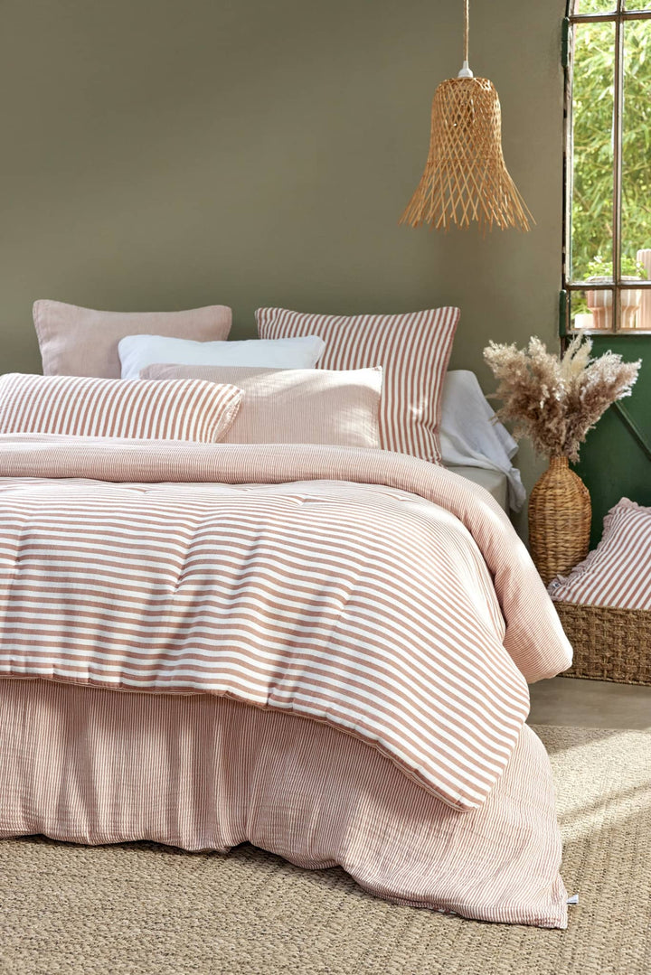 Housse de couette Abricot petites rayures double gaze Casa Plume