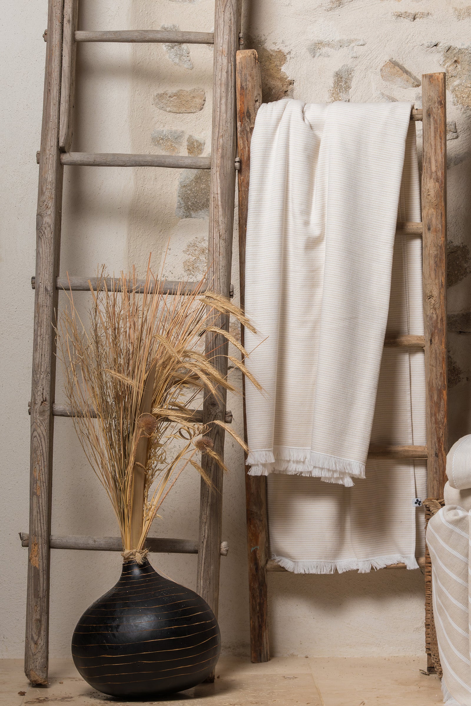 Fouta double avec franges 180 x 180 cm Coton tissé teint + éponge NAEL Sable
