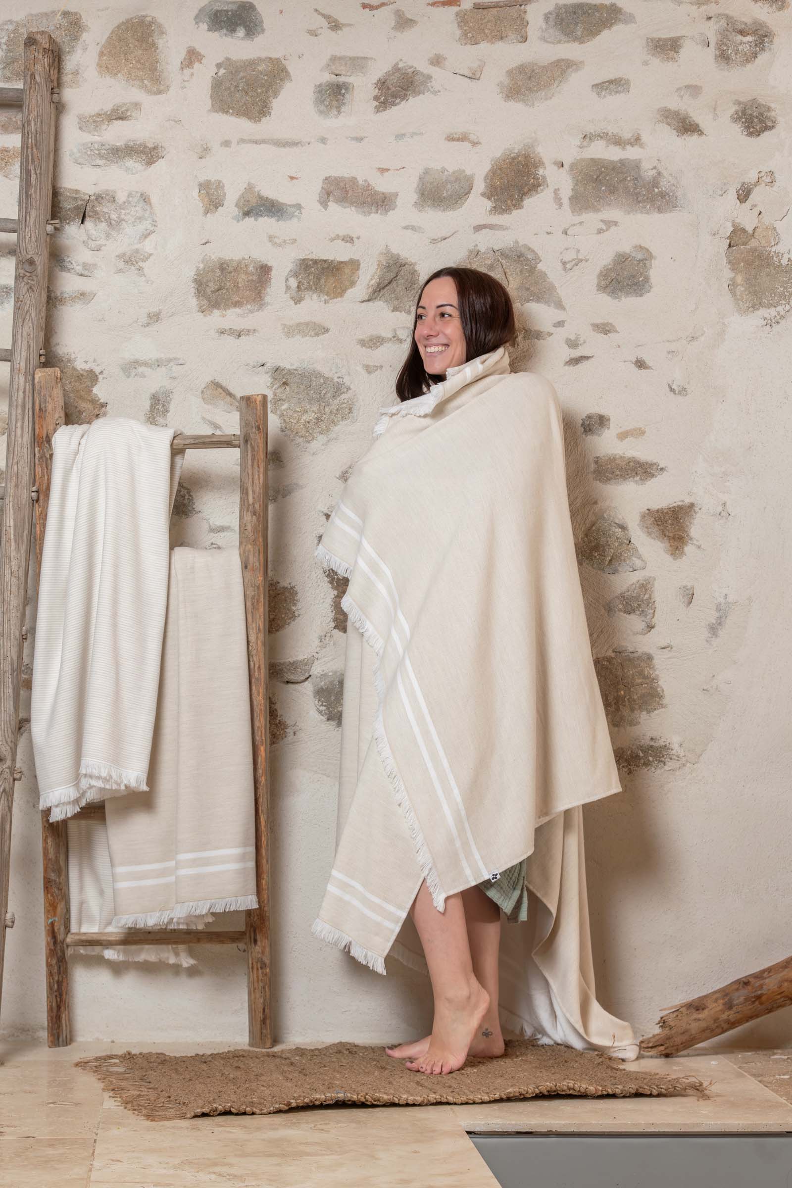Fouta double avec franges 180 x 180 cm Coton tissé teint + éponge OWEN Sable