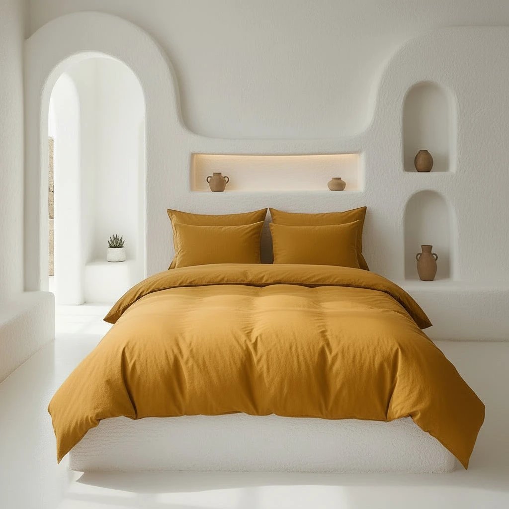 Taie d'oreiller avec volant 100% percale de coton lavé safran by Baton Rouge