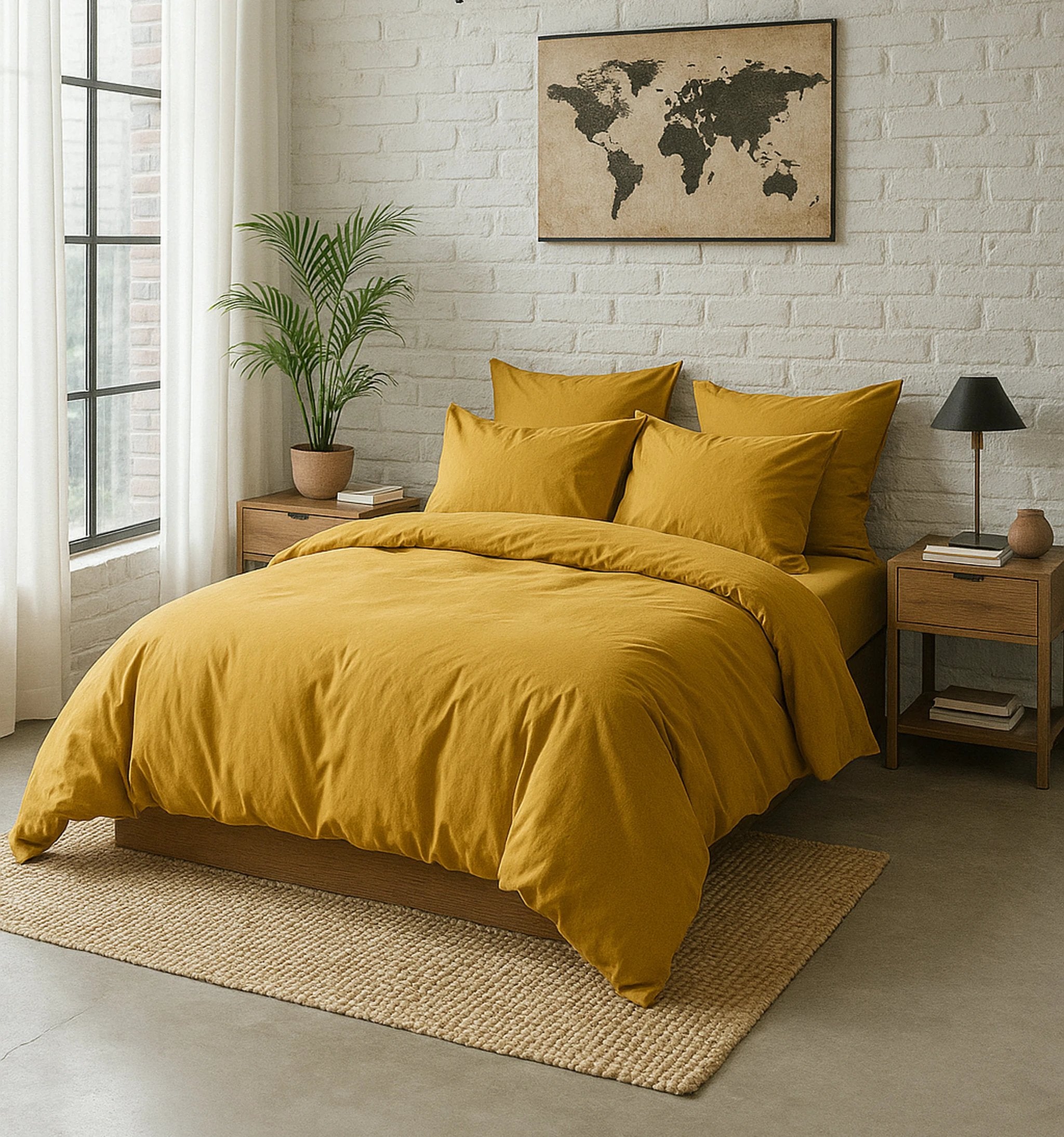 Housse de couette 100% percale de coton lavé 80fils/cm_ - finition bouteille 40cm - jaune moutarde by Baton Rouge