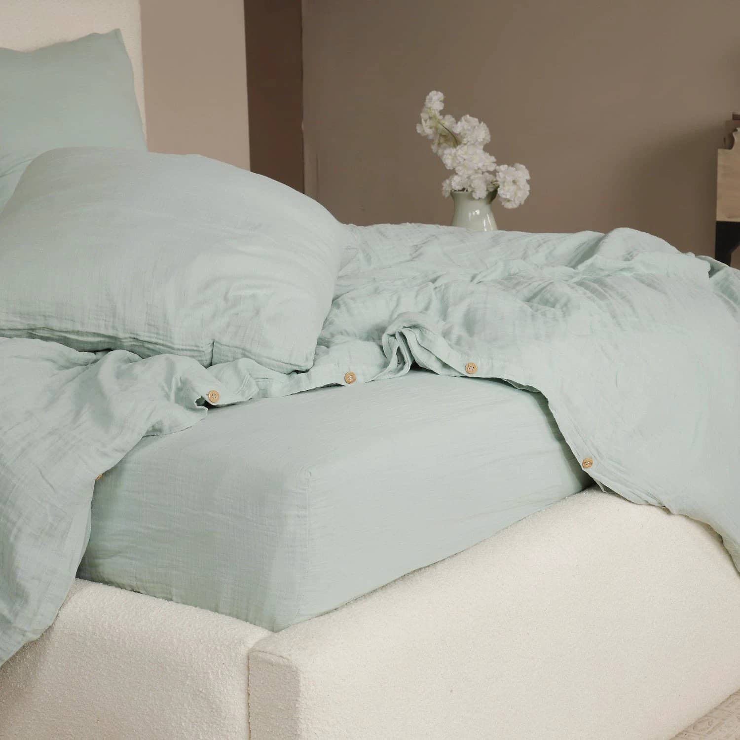 Parure de couette 3 pcs 100% gaze de coton lavé vert givrée by Atelier du linge