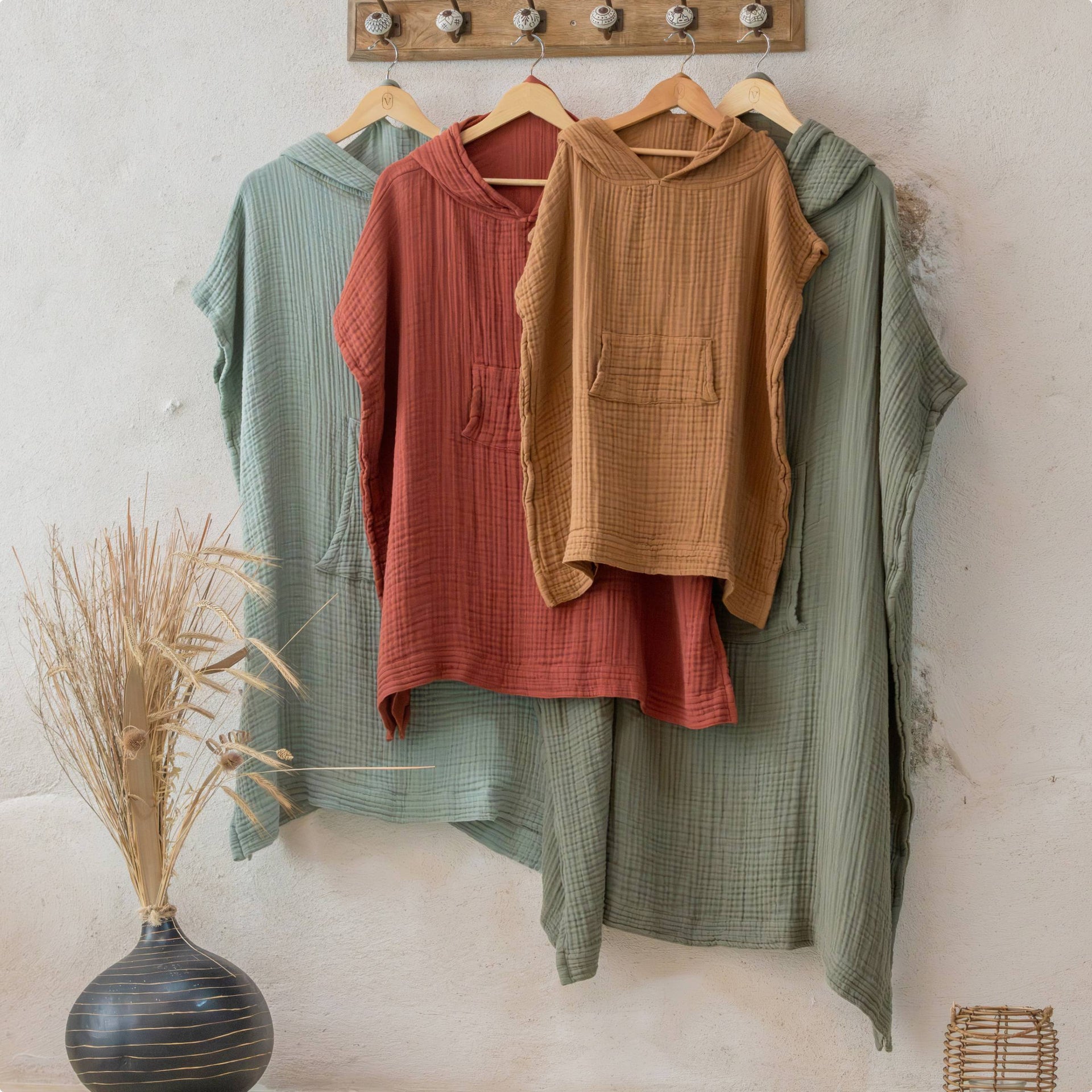 Poncho adulte mixte Gaze de coton unie GAIA Eucalyptus