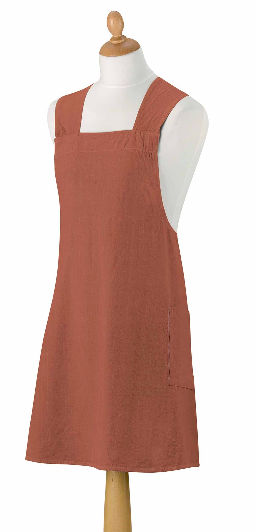 Tablier de cuisine japonais recyclé Haru 78 x 100, couleur terre, sur mannequin avec poche latérale.