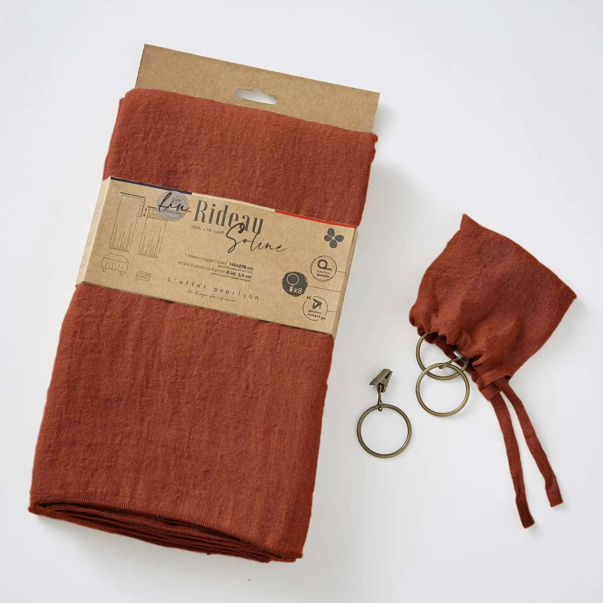 Rideau ajustable + 8 anneaux pince 140 x 270 cm Lin lavé SOLINE Paprika by L'effet papillon