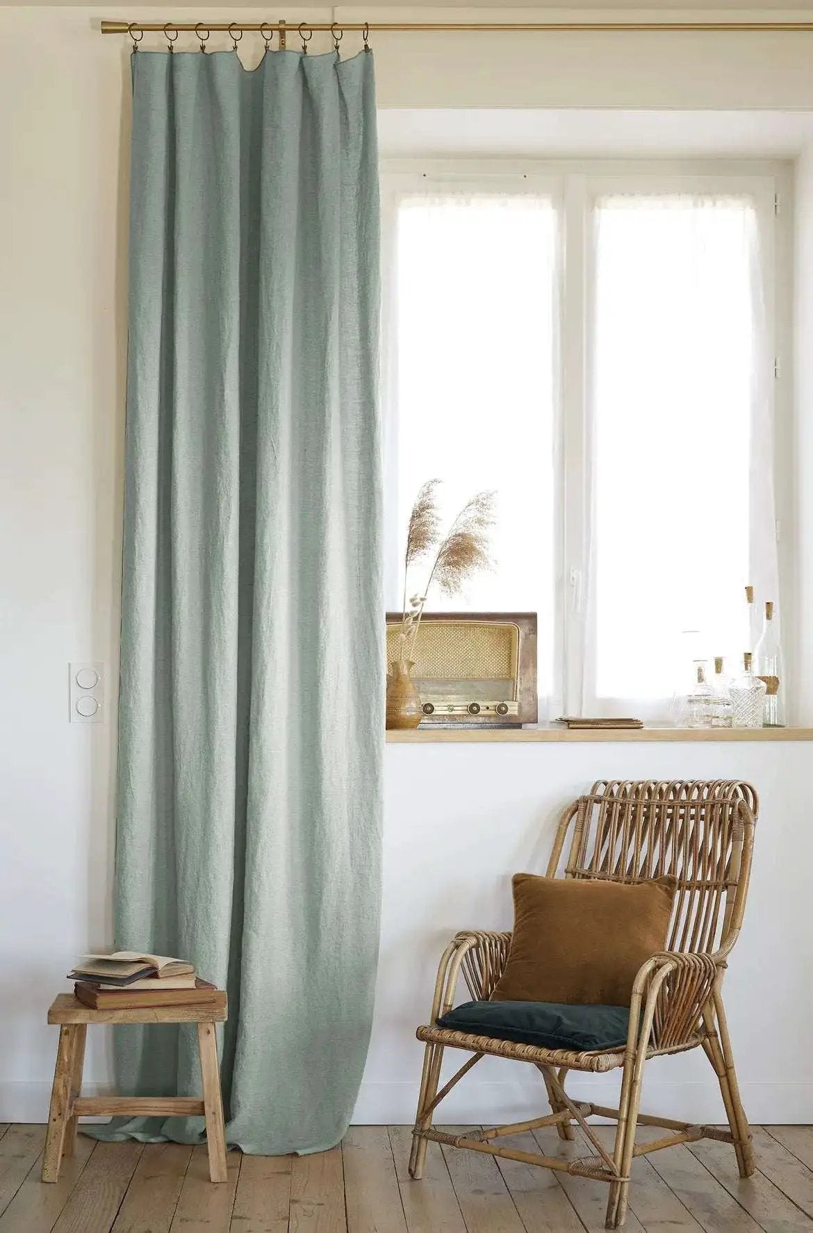 Rideau ajustable + 8 anneaux pince 140 x 270 cm Lin lavé SOLINE Eucalyptus by L'effet papillon