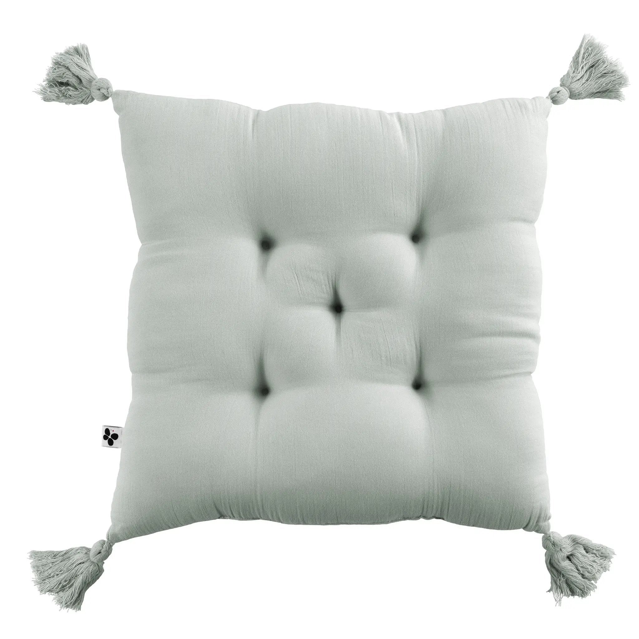 Coussin capitonné 5 points avec pompons 40 x 40 cm Gaze de coton unie GAÏA Eucalyptus by L'effet papillon