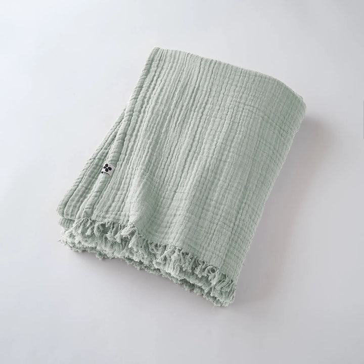 Plaid à franges 130 x 160 cm Gaze de coton unie GAÏA Eucalyptus by L'effet papillon