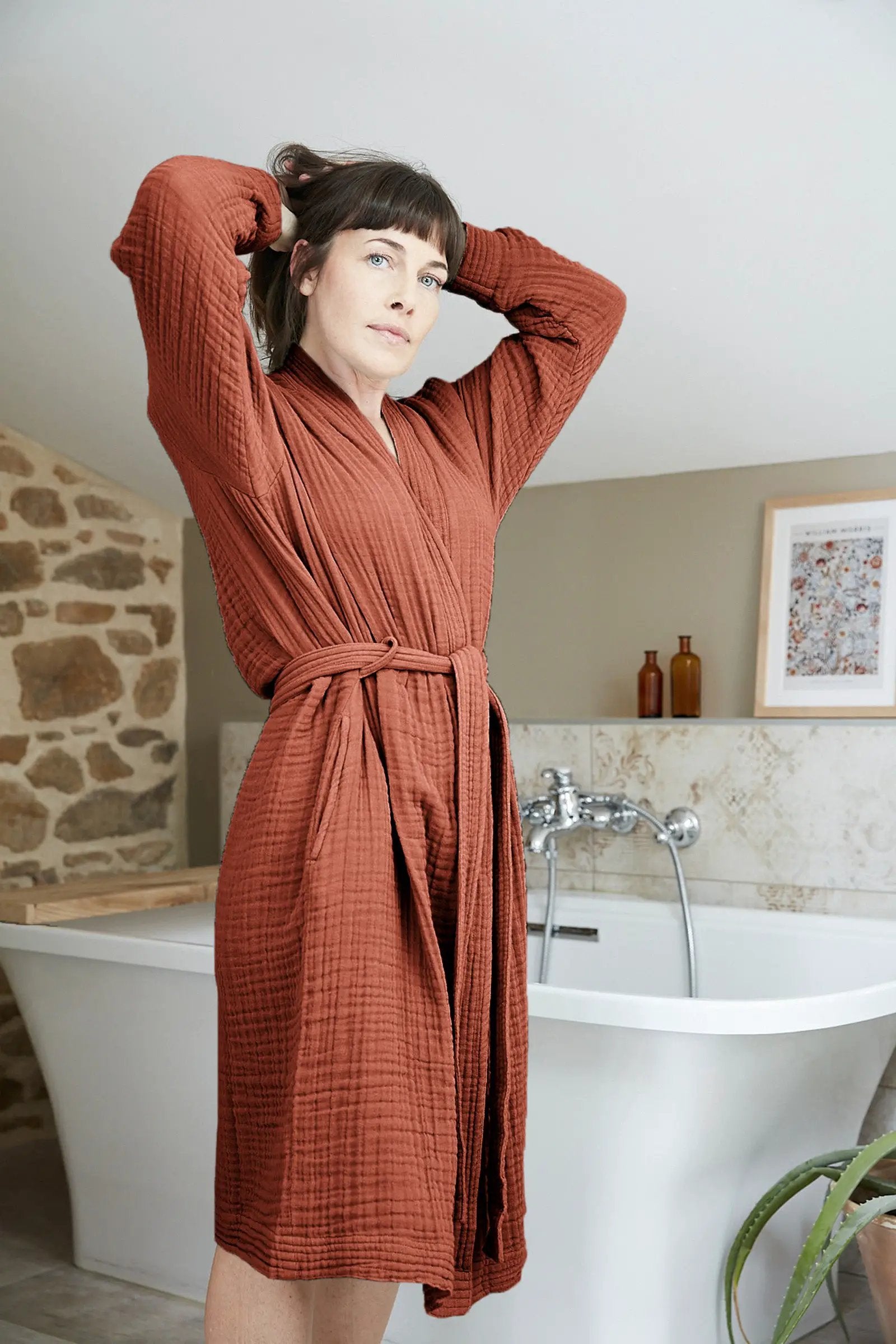Peignoir kimono mixte S/M Gaze de coton unie GAÏA Terracotta by L'effet papillon