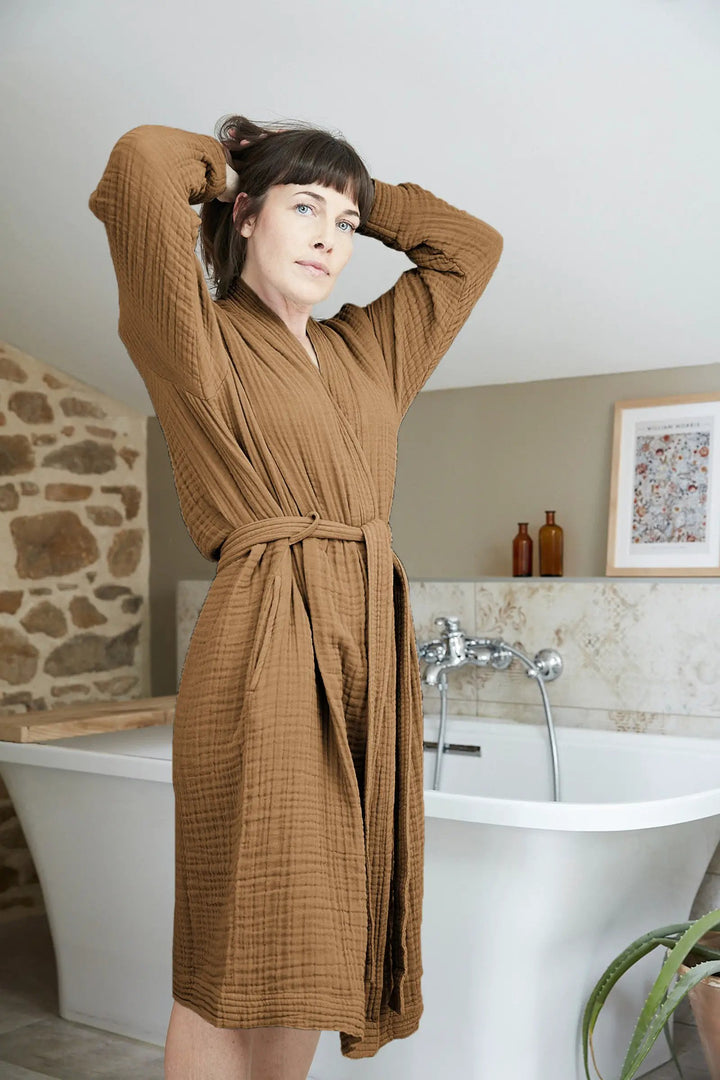 Peignoir kimono mixte S/M Gaze de coton unie GAÏA Camel by L'effet papillon