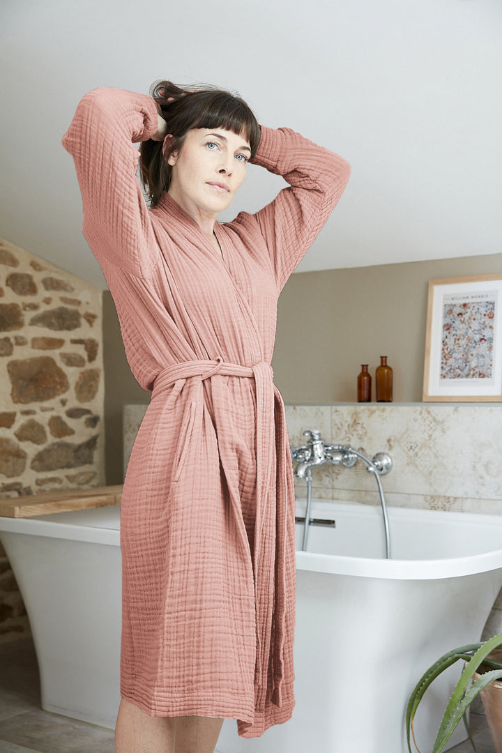 Peignoir kimono mixte S/M Gaze de coton unie GAÏA Rose pêche by L'effet papillon