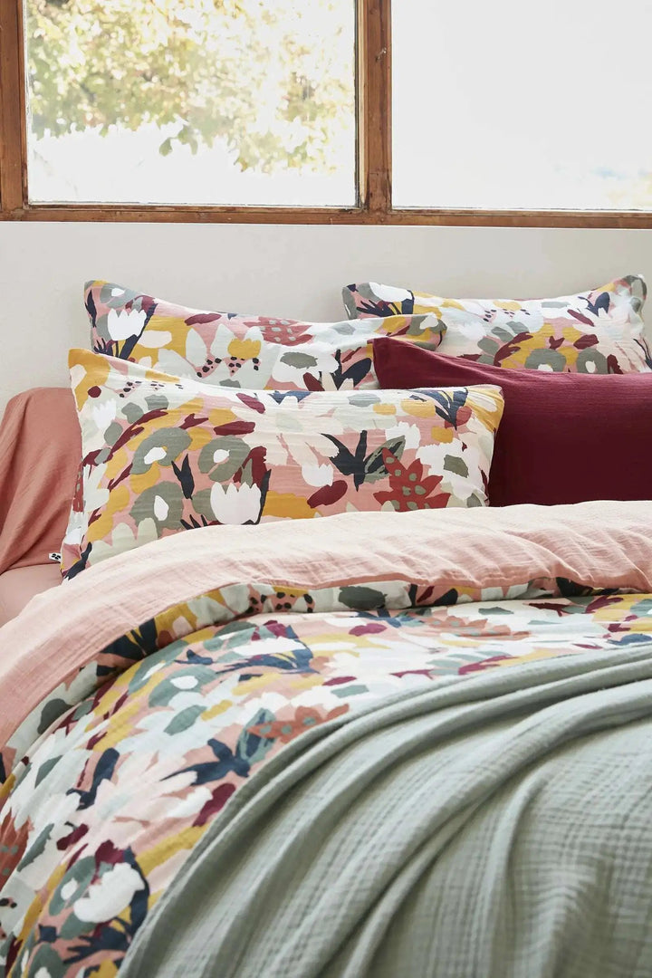Housse de couette réversible Gaze de coton imprimée LÉANE Rose pêche by L'effet papillon