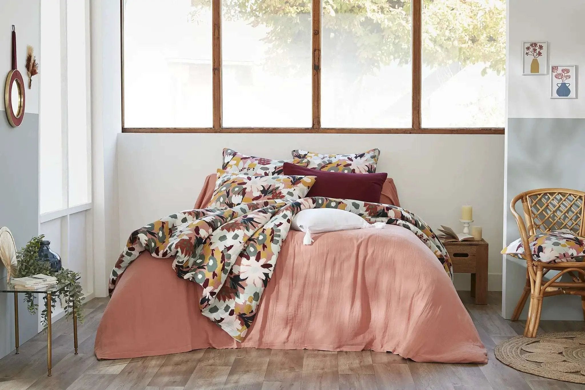 Housse de couette réversible Gaze de coton imprimée LÉANE Rose pêche by L'effet papillon