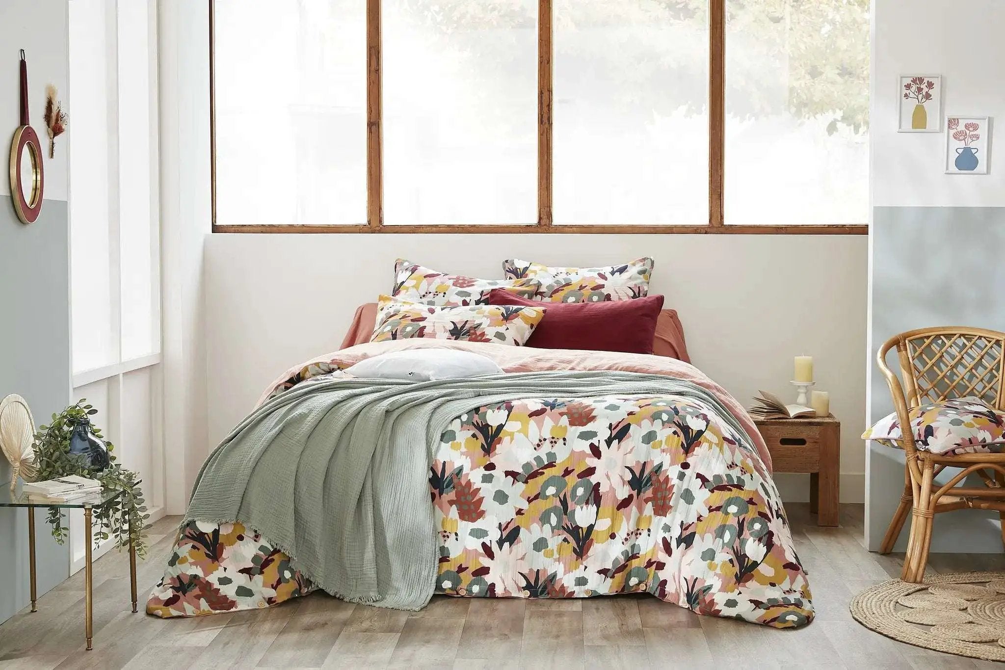 Housse de couette réversible Gaze de coton imprimée LÉANE Rose pêche by L'effet papillon