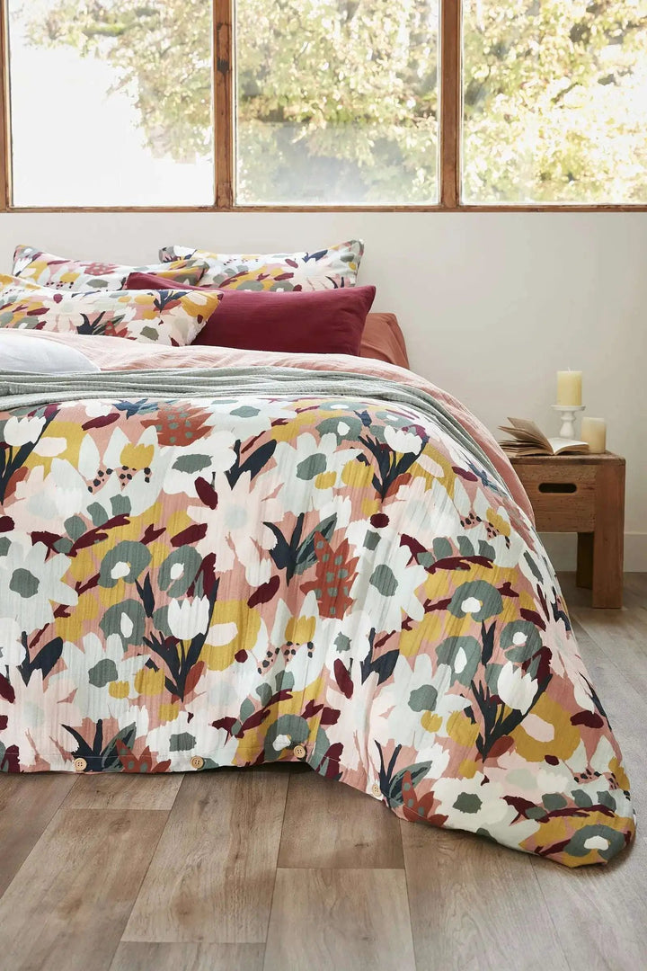 Housse de couette réversible Gaze de coton imprimée LÉANE Rose pêche by L'effet papillon