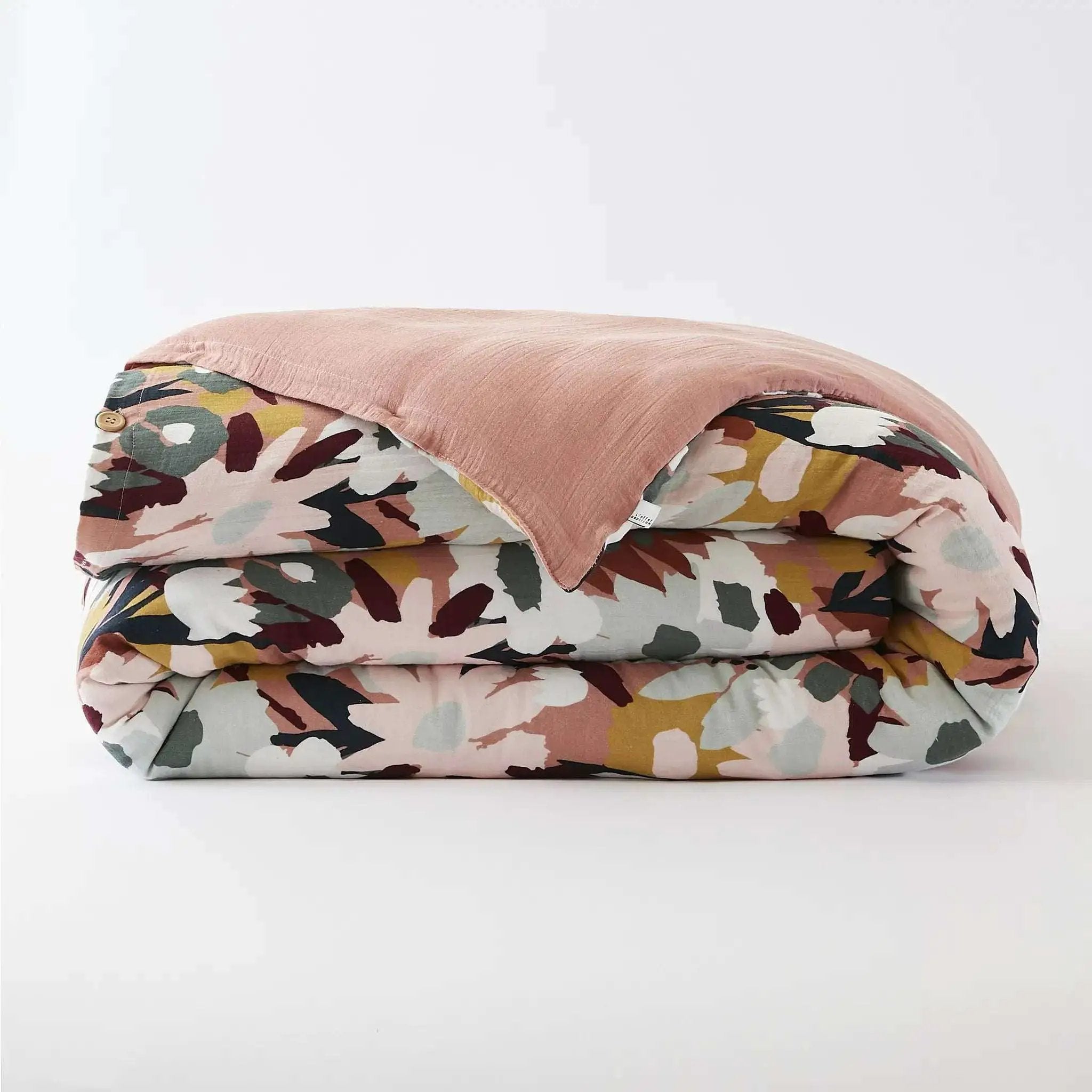 Housse de couette réversible Gaze de coton imprimée LÉANE Rose pêche by L'effet papillon