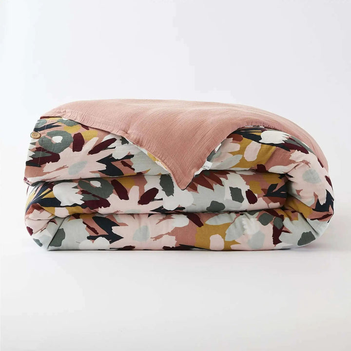 Housse de couette réversible Gaze de coton imprimée LÉANE Rose pêche by L'effet papillon