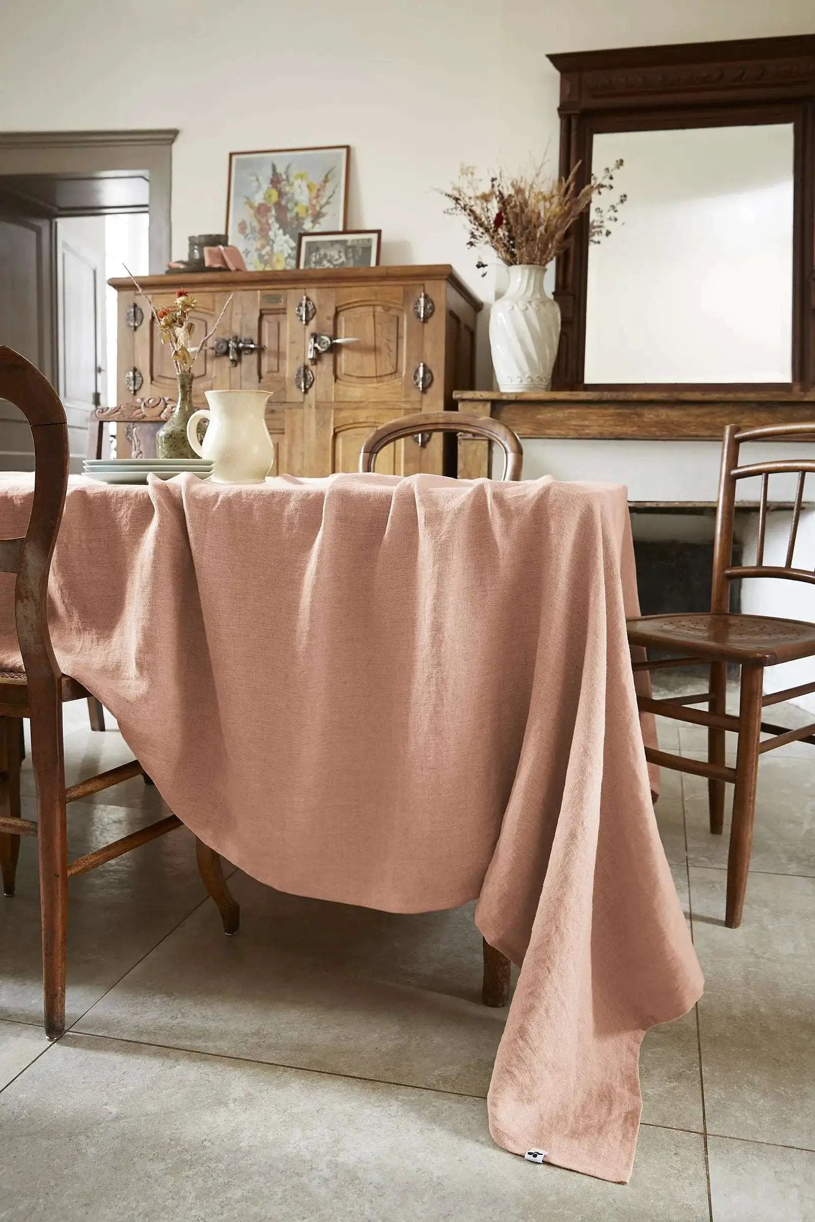 Nappe rectangle Lin lavé SOLINE Vieux rose by L'effet papillon