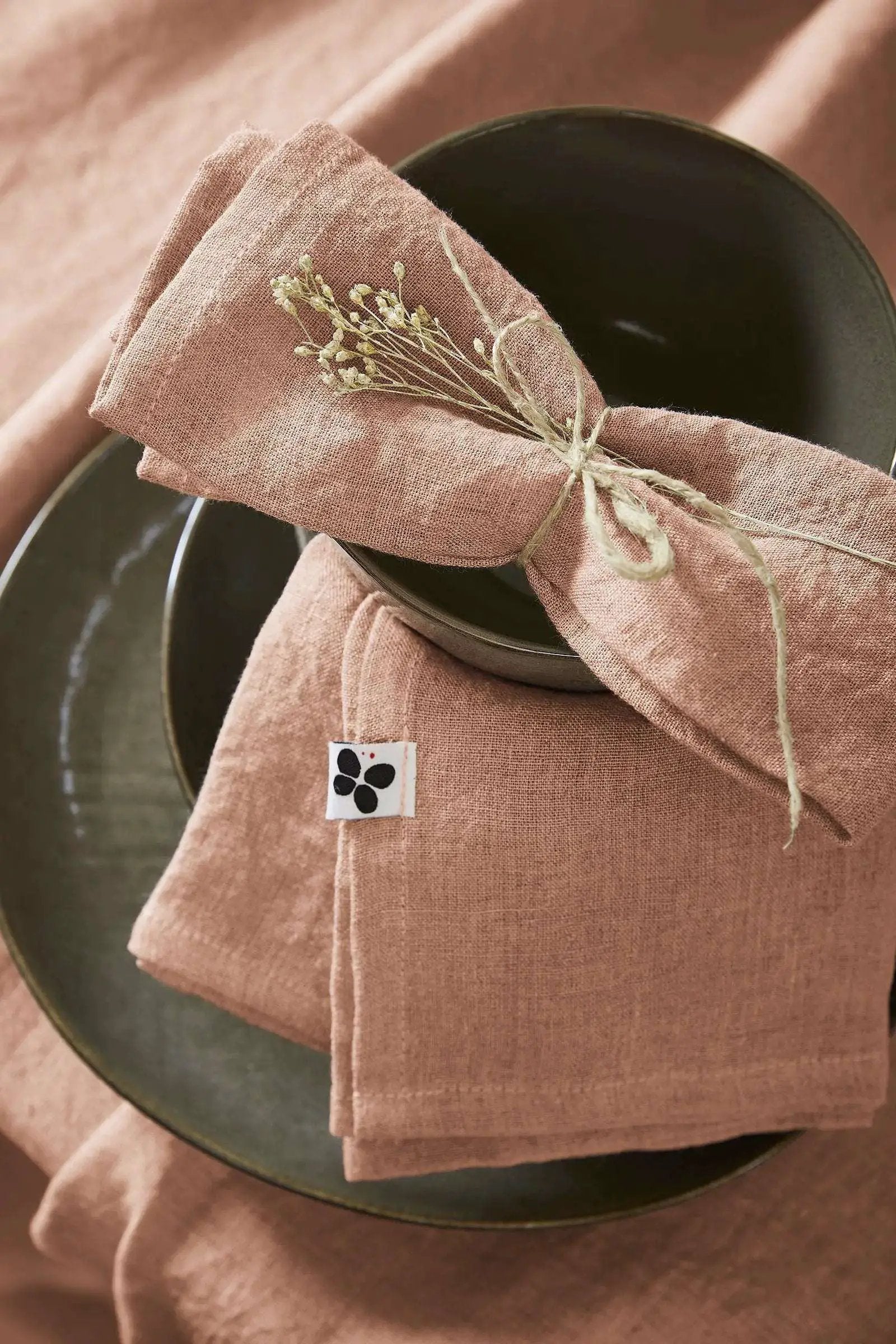 Lot de 3 serviettes Lin lavé 40 x 40 cm SOLINE Vieux rose by L'effet papillon