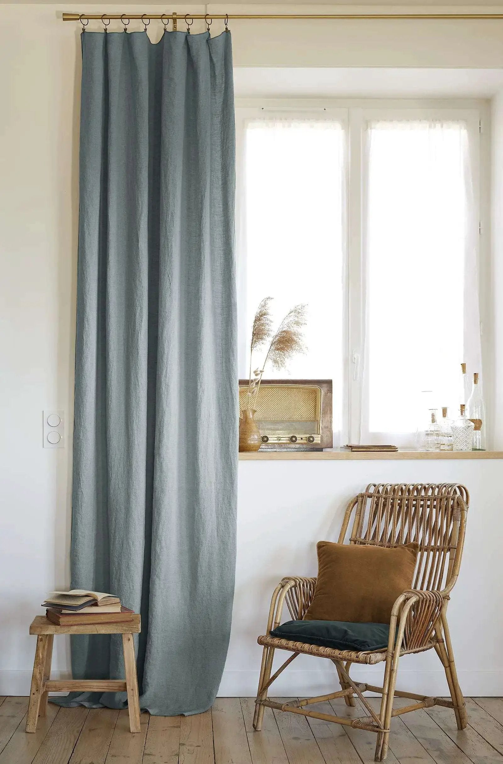 Rideau ajustable + 8 anneaux pince 140 x 270 cm Lin lavé SOLINE Azur by L'effet papillon