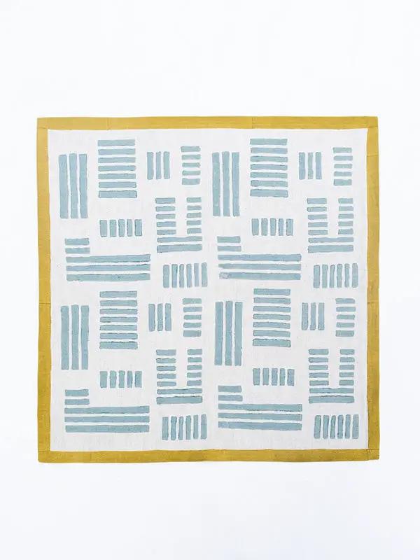 Serviettes de Table INSIA -Impression au Tampon sur Coton Lin - Lot de 4 - Bleu Doux/Citron Vert by No-mad