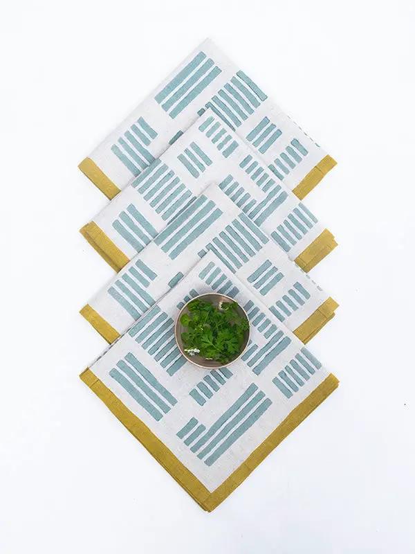 Serviettes de Table INSIA -Impression au Tampon sur Coton Lin - Lot de 4 - Bleu Doux/Citron Vert by No-mad
