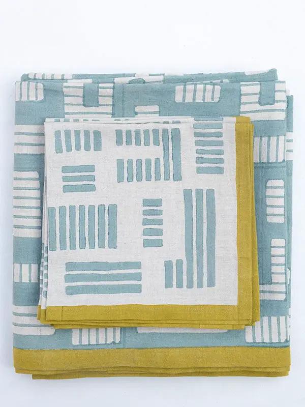 Nappe INSIA - Impression au Tampon sur Coton Lin - Bleu Doux/Citron Vert by No-mad