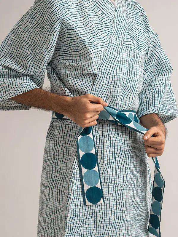 Peignoir SAMIHA - Impression au Tampon sur Coton Lin - Bleu/Vert Canard by No-mad