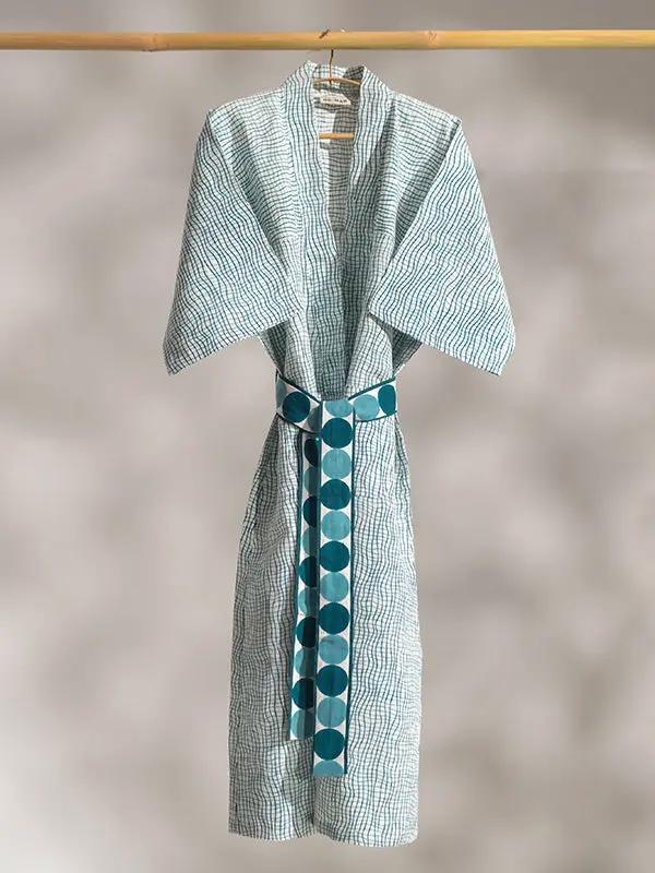 Robe SAMIHA - Impression au Tampon sur Coton Lin - Bleu/Vert Canard by No-mad