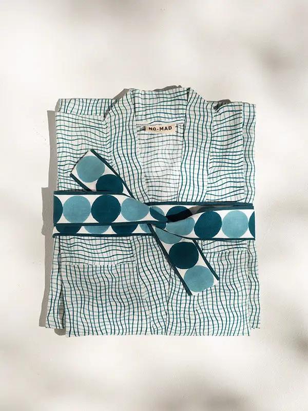 Robe SAMIHA - Impression au Tampon sur Coton Lin - Bleu/Vert Canard by No-mad