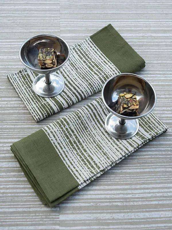 Lot de 4 Serviettes de Table DARUUN - Impression au Tampon sur Coton Lin - Kaki by No-mad