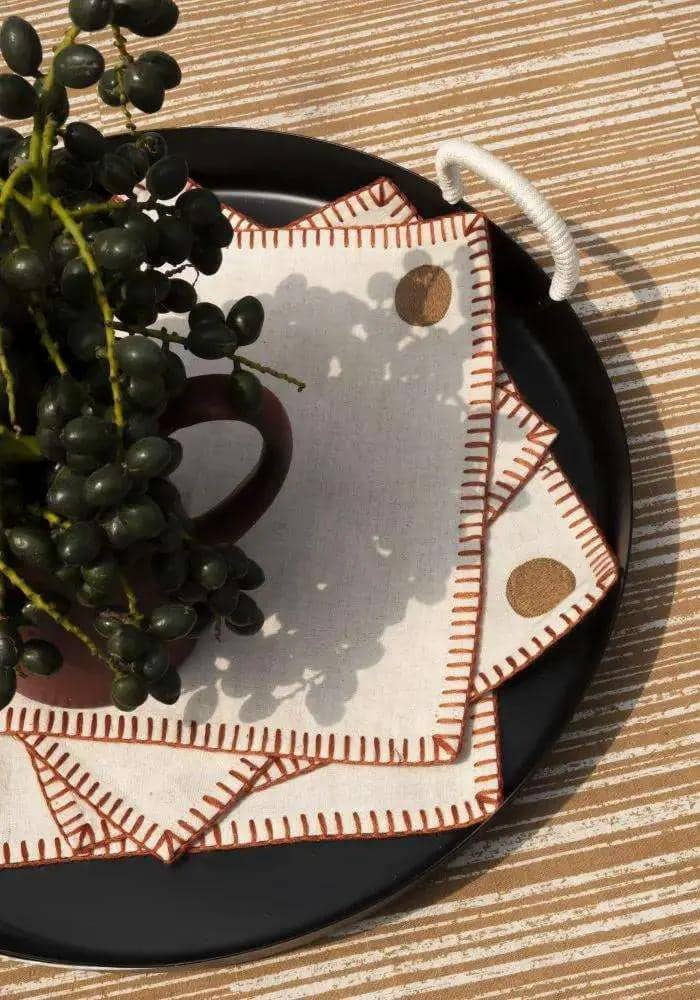 Lot de 4 Serviettes Cocktail KINARA - Serviettes Brodées - Tabac/Terracotta by No-mad