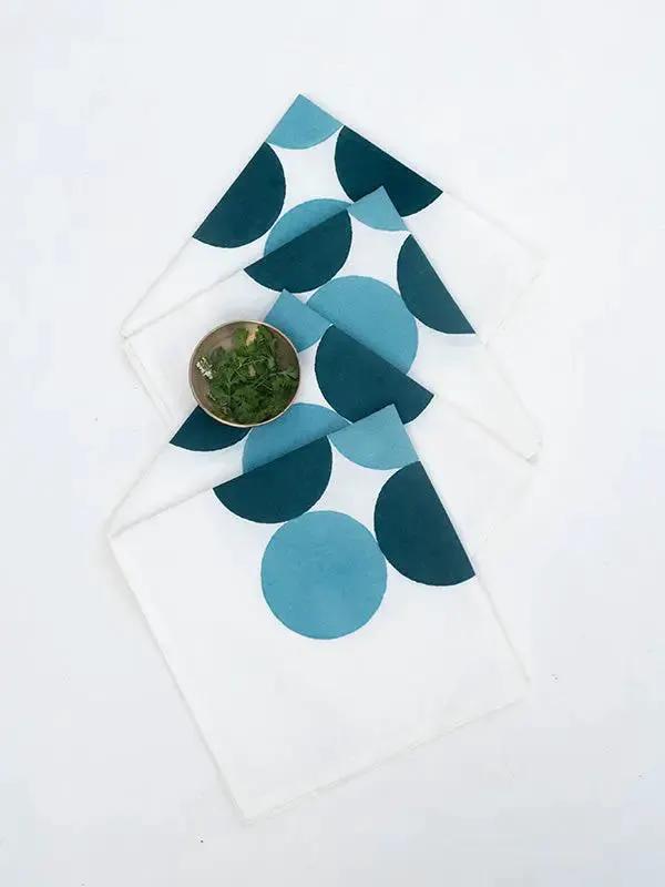 Nappe RAHA - Impression au Tampon sur Coton Lin - Bleu Doux/Vert Canard by No-mad
