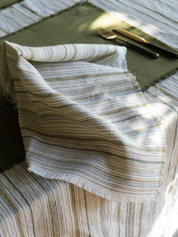 Nappe REKHTA - Lin Rayé avec Broderie - Ivoire by No-mad