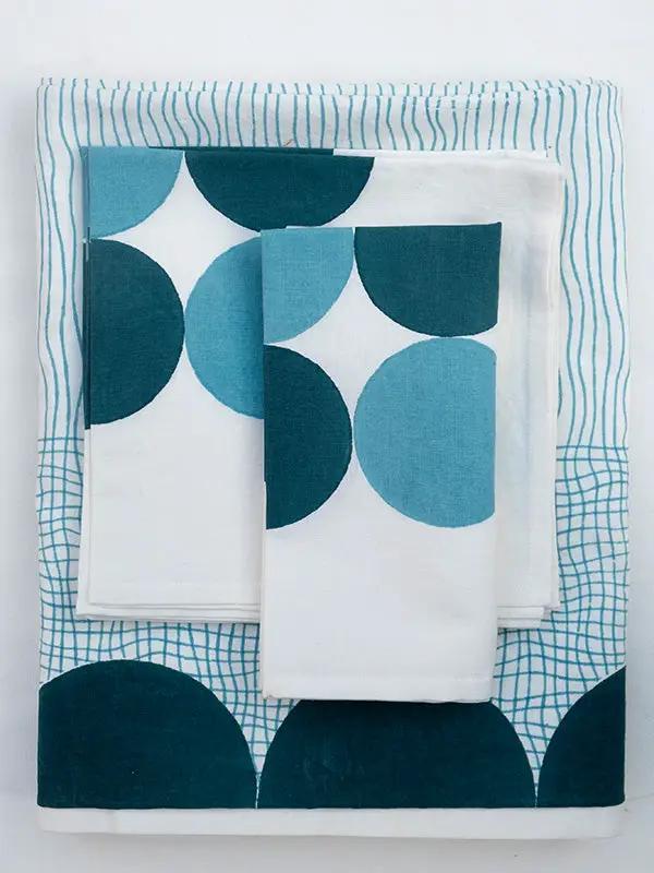 Serviettes de Table RAHA -Impression au Tampon sur Coton Lin - Lot de 4 - Bleu Doux/Vert Canard by No-mad