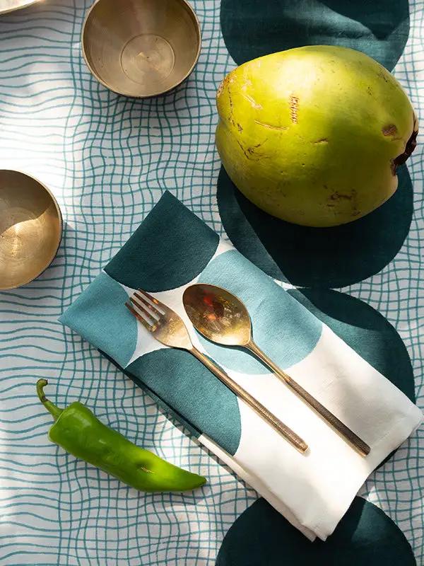 Serviettes de Table RAHA -Impression au Tampon sur Coton Lin - Lot de 4 - Bleu Doux/Vert Canard by No-mad
