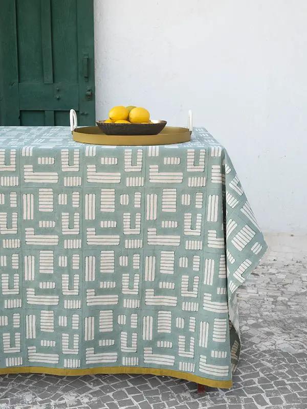 Nappe INSIA - Impression au Tampon sur Coton Lin - Bleu Doux/Citron Vert by No-mad