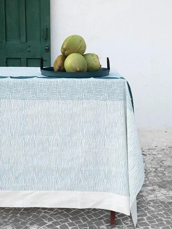 Nappe RAHA - Impression au Tampon sur Coton Lin - Bleu Doux/Vert Canard by No-mad