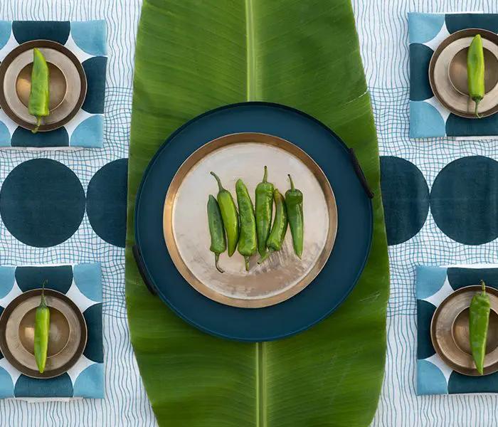 Nappe RAHA - Impression au Tampon sur Coton Lin - Bleu Doux/Vert Canard by No-mad