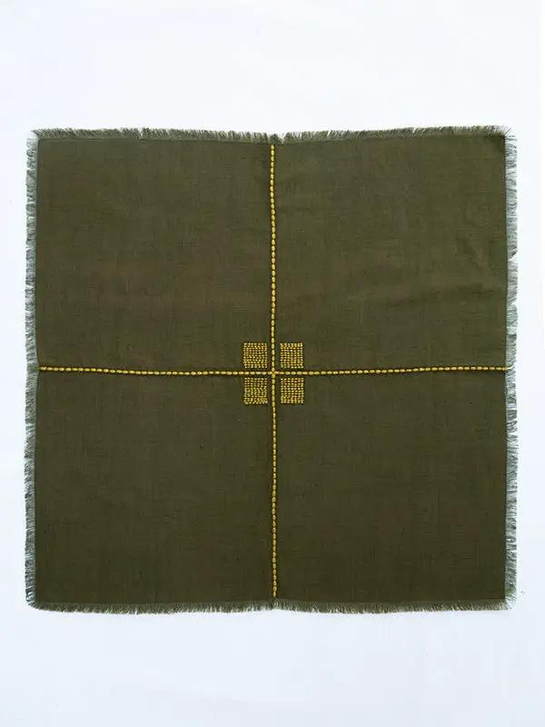 Serviettes de Table CHAKHON - Broderie sur Coton Lin - Kaki/Olive by No-mad