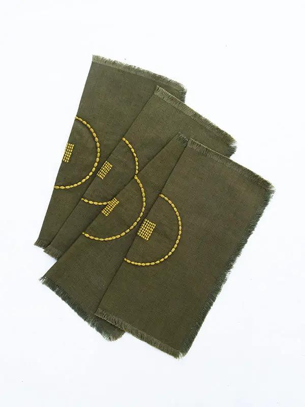 Serviettes Cocktail SHUNYA - Broderie sur Coton Lin - Kaki/Olive by No-mad